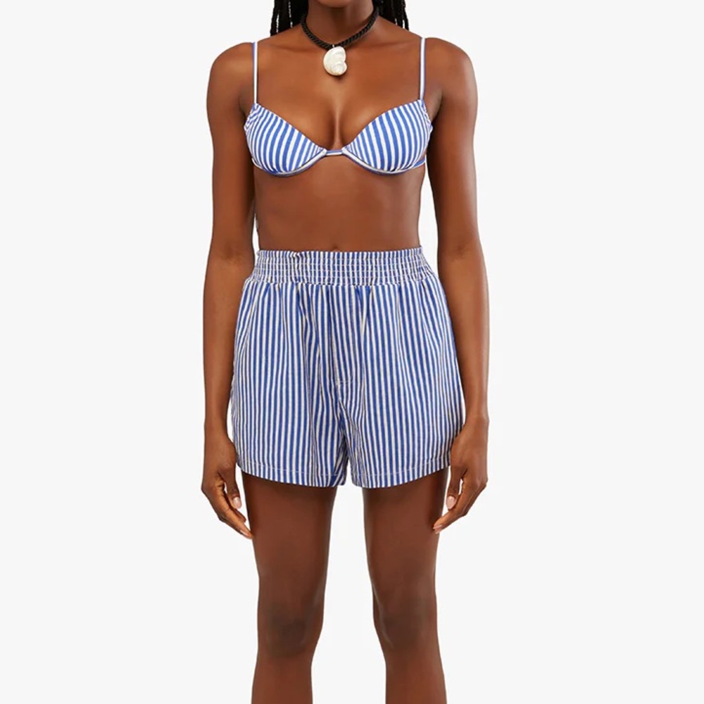 WeWoreWhat Striped Elastic Linen Shorts - Coastal (XS)